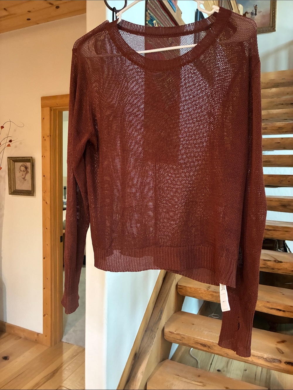 Lightweight Open-Knit Crewneck Sweater in Rust